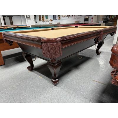 Table de billard usagée Bellagio 8 pieds fini Noyer avec tapis Beige Chameau Code : TABLE578BEL8P