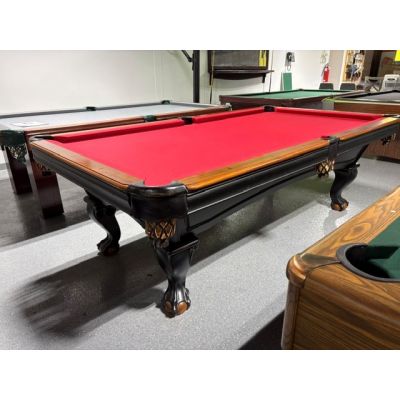 Table de billard usagée de marque Brunswick Bayfield 8 pieds fini noir avec ardoise 1 pouce et tapis Rouge Code : TABLE607BRU8P